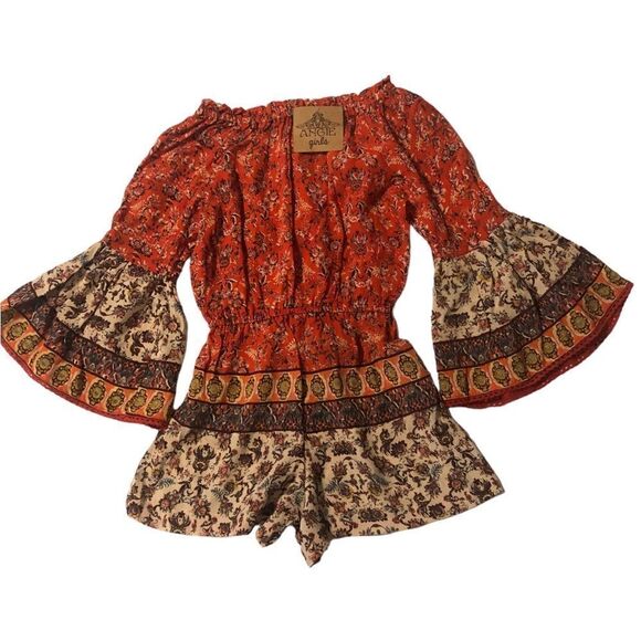 NWT Angie Girls Red Summer Romper Jumpsuit Elastic Neck Waist Wide Long Sleeves - Picture 1 of 8